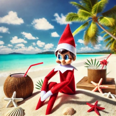 Elf on the Shelf sitting on the beach with drinks and seashells surrounding him. Photo was generated using AI. 